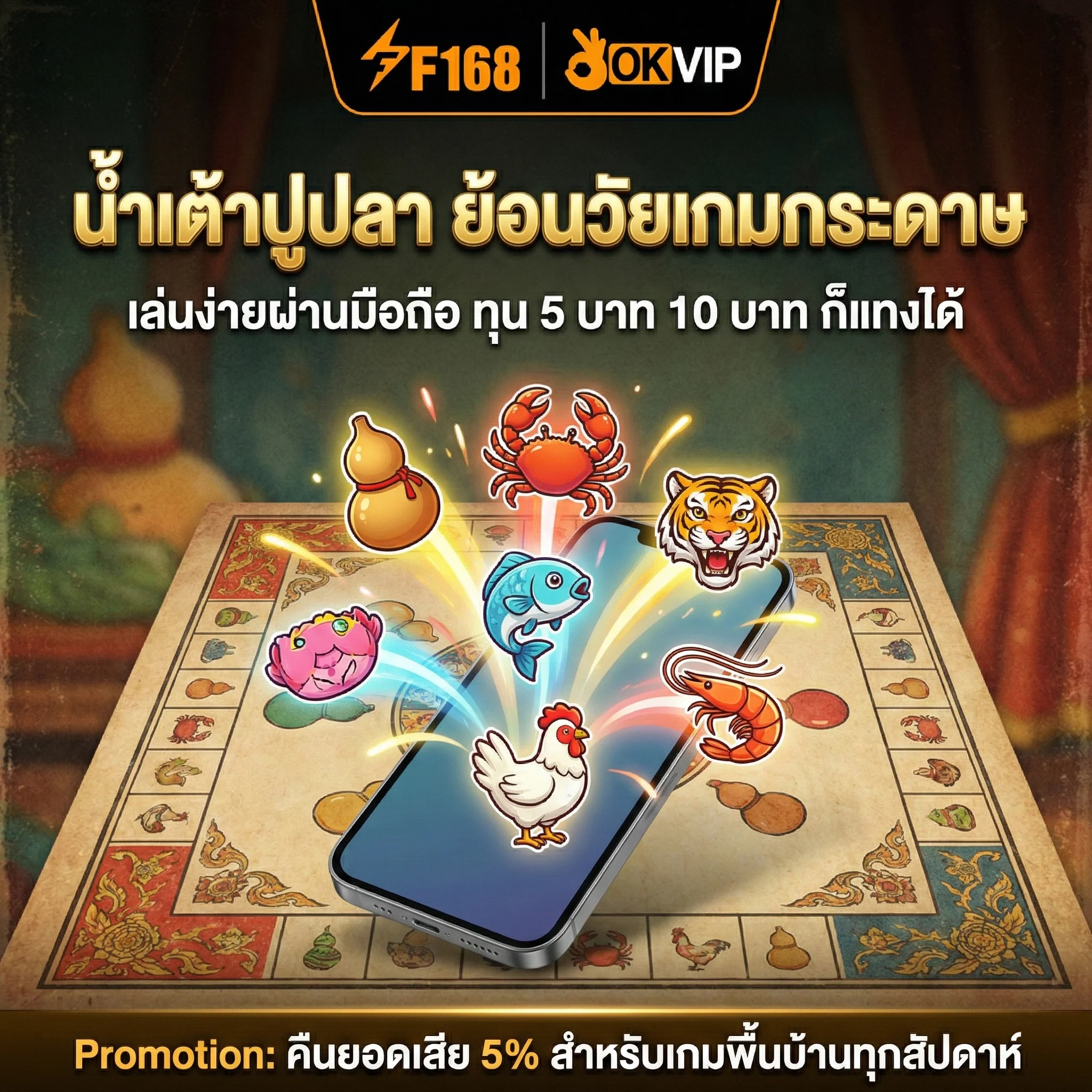 น้ำเต้าปูปลา ออนไลน์ OKVIP เกมพื้นบ้านบนมือถือ เดิมพันขั้นต่ำ 10 บาท
